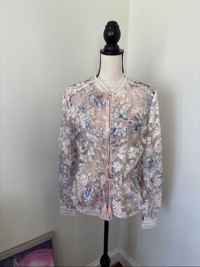Tahari Pink Floral Lace Zip Front Jacket